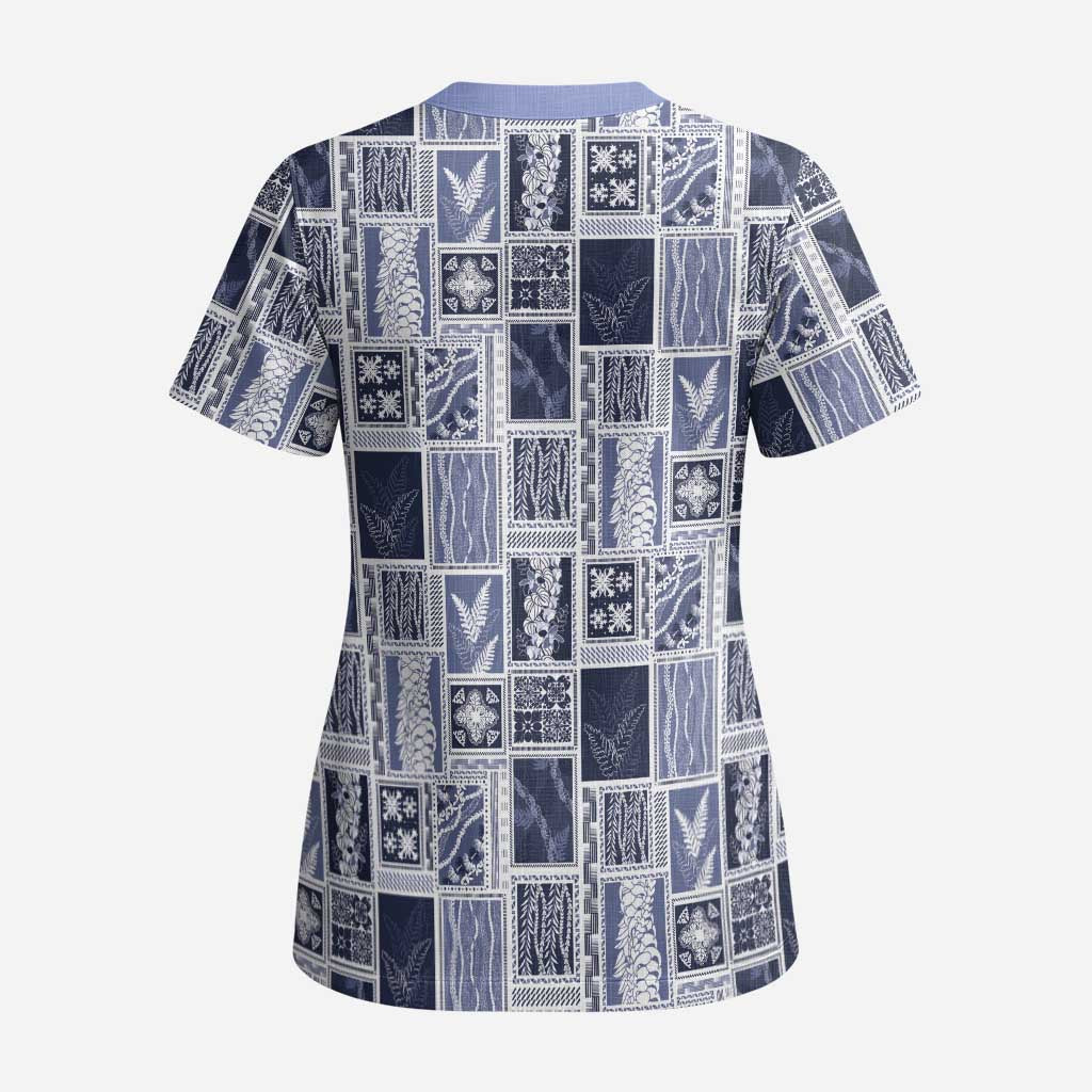 Vintage Aloha Block Quilt Scrub Top Blue Inspired Lei Motifs LT9 - Polynesian Pride