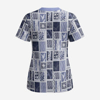 Vintage Aloha Block Quilt Scrub Top Blue Inspired Lei Motifs LT9 - Polynesian Pride