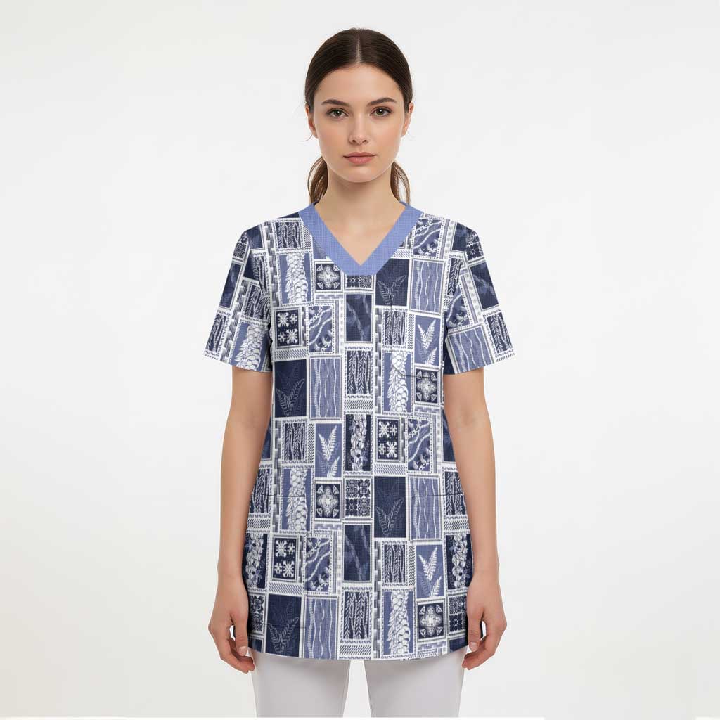 Vintage Aloha Block Quilt Scrub Top Blue Inspired Lei Motifs LT9 - Polynesian Pride