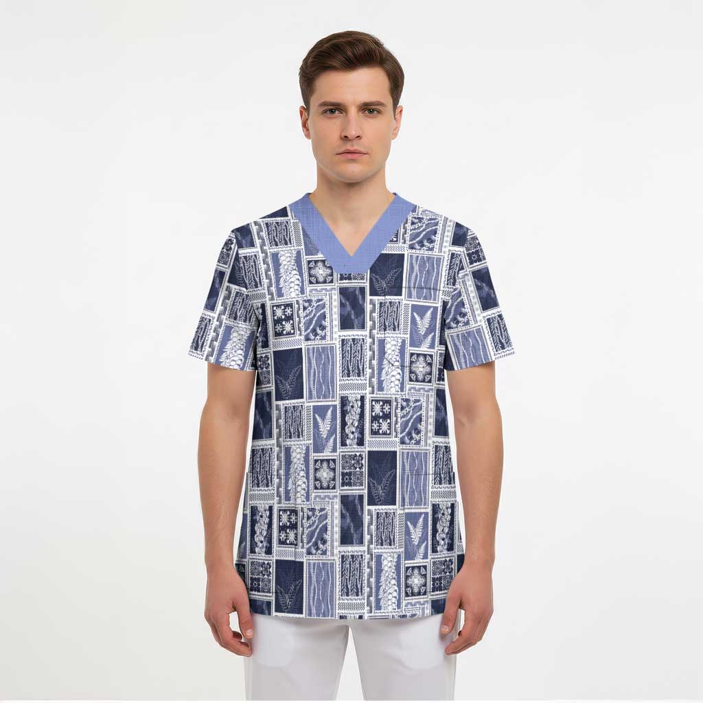 Vintage Aloha Block Quilt Scrub Top Blue Inspired Lei Motifs LT9 - Polynesian Pride