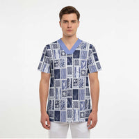 Vintage Aloha Block Quilt Scrub Top Blue Inspired Lei Motifs LT9 - Polynesian Pride