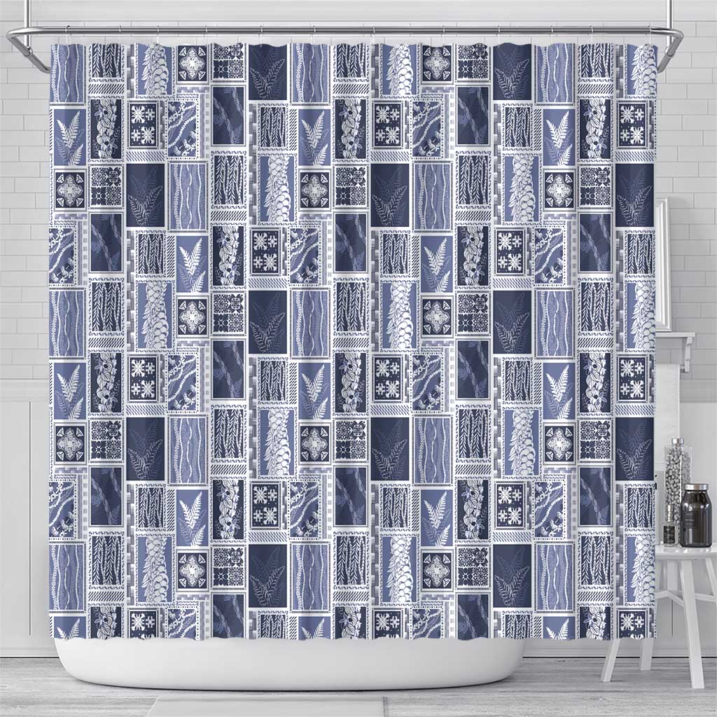 Vintage Aloha Block Quilt Shower Curtain Blue Inspired Lei Motifs - Polynesian Pride
