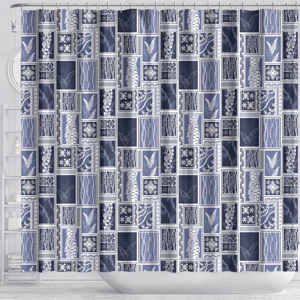 Vintage Aloha Block Quilt Shower Curtain Blue Inspired Lei Motifs - Polynesian Pride