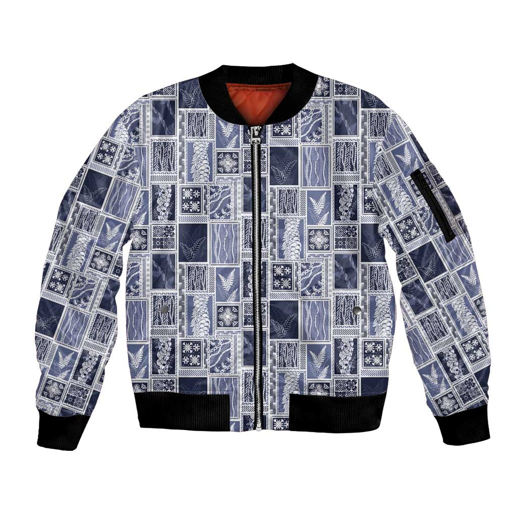 Vintage Aloha Block Quilt Sleeve Zip Bomber Jacket Blue Inspired Lei Motifs LT9 Unisex Blue - Polynesian Pride