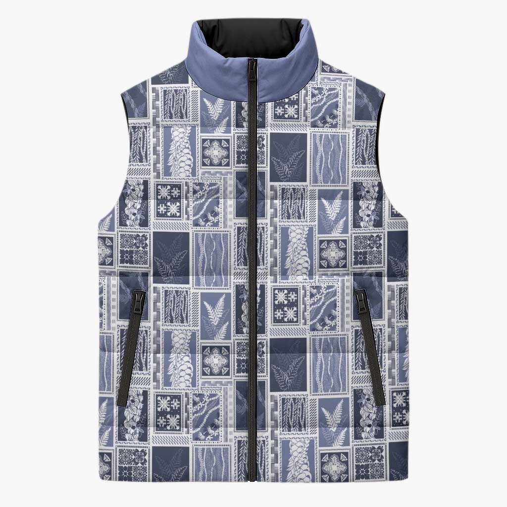 Vintage Aloha Block Quilt Sleeveless Puffer Jacket Blue Inspired Lei Motifs LT9 Unisex Blue - Polynesian Pride