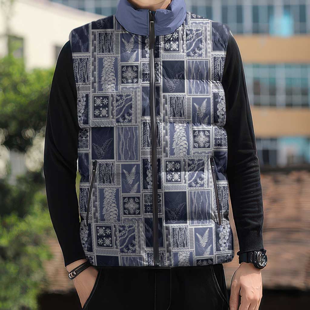 Vintage Aloha Block Quilt Sleeveless Puffer Jacket Blue Inspired Lei Motifs - Polynesian Pride
