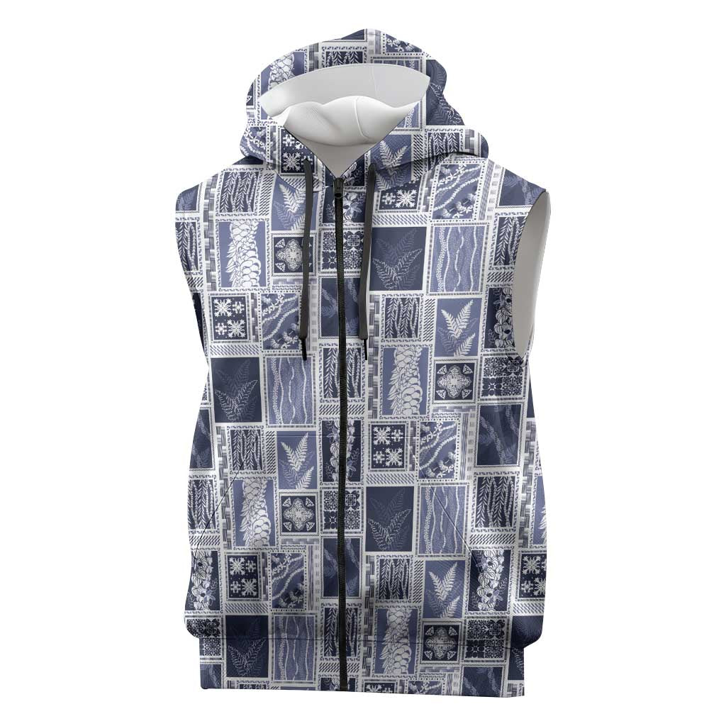 Vintage Aloha Block Quilt Sleeveless Zip Hoodie Blue Inspired Lei Motifs LT9 Blue - Polynesian Pride