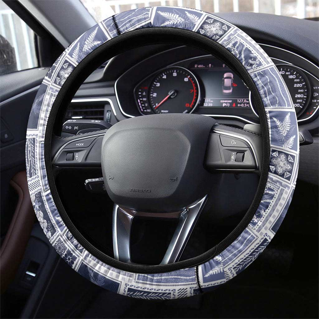 Vintage Aloha Block Quilt Steering Wheel Cover Blue Inspired Lei Motifs - Polynesian Pride