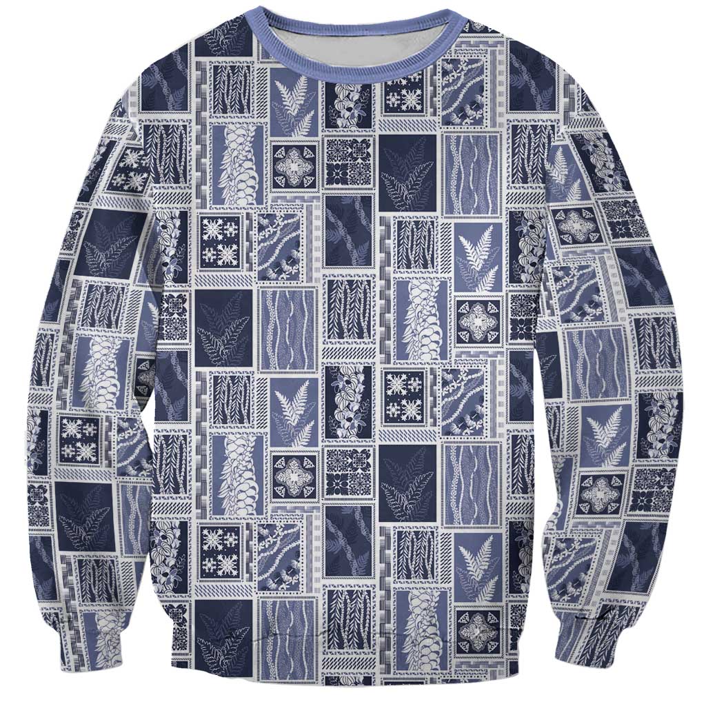 Vintage Aloha Block Quilt Sweatshirt Blue Inspired Lei Motifs LT9 Unisex Blue - Polynesian Pride