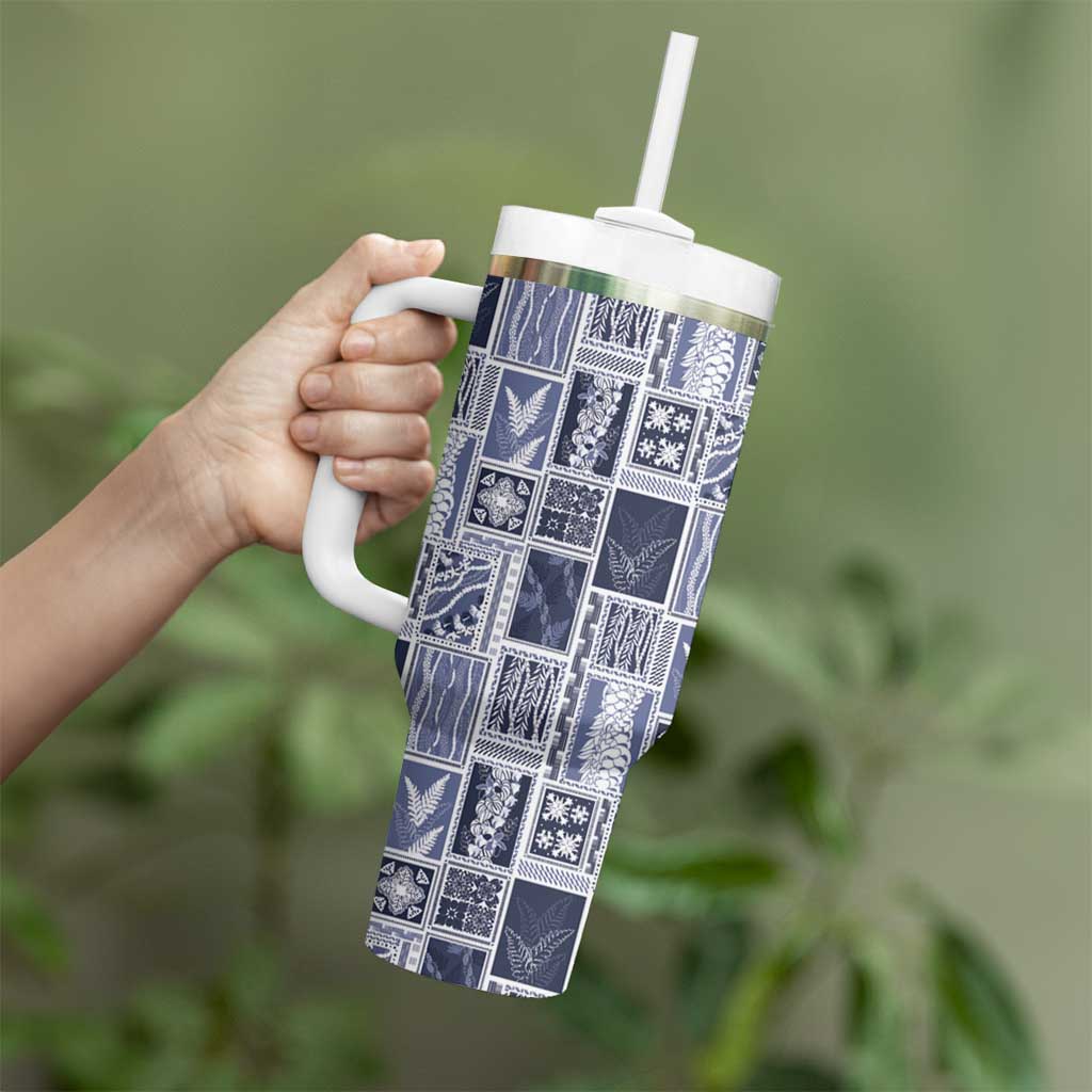 Vintage Aloha Block Quilt Tumbler With Handle Blue Inspired Lei Motifs - Polynesian Pride
