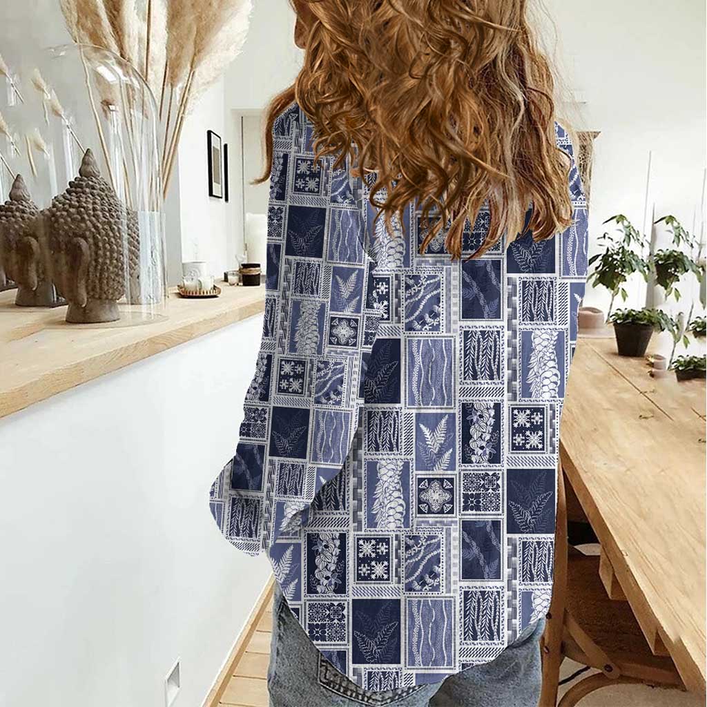 Vintage Aloha Block Quilt Women Casual Shirt Blue Inspired Lei Motifs LT9 - Polynesian Pride