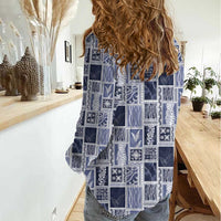 Vintage Aloha Block Quilt Women Casual Shirt Blue Inspired Lei Motifs LT9 - Polynesian Pride