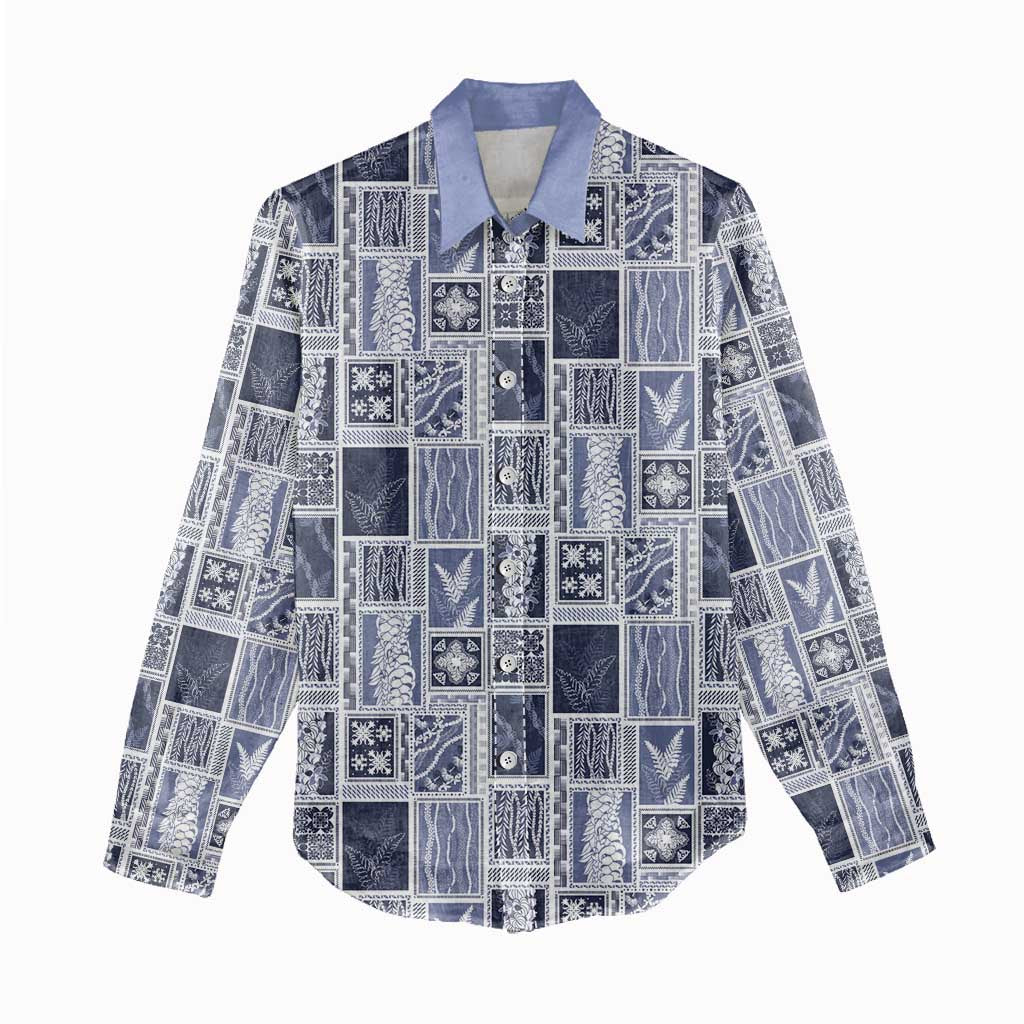 Vintage Aloha Block Quilt Women Casual Shirt Blue Inspired Lei Motifs LT9 - Polynesian Pride