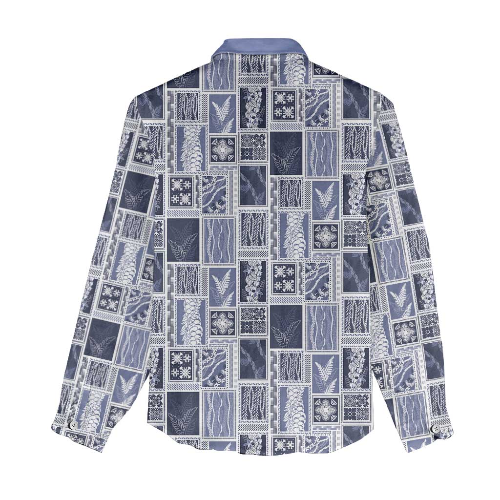Vintage Aloha Block Quilt Women Casual Shirt Blue Inspired Lei Motifs LT9 - Polynesian Pride