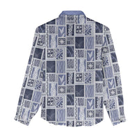 Vintage Aloha Block Quilt Women Casual Shirt Blue Inspired Lei Motifs LT9 - Polynesian Pride