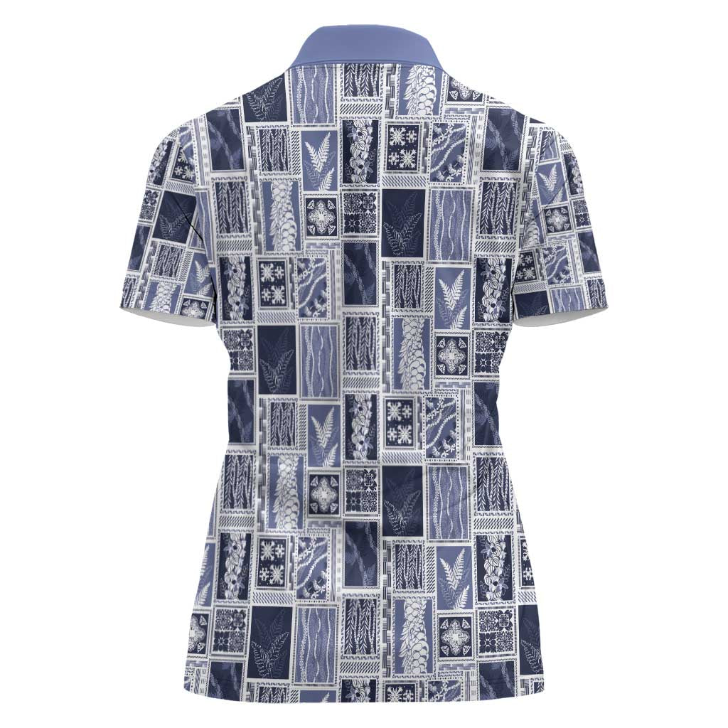 Vintage Aloha Block Quilt Women Polo Shirt Blue Inspired Lei Motifs - Polynesian Pride