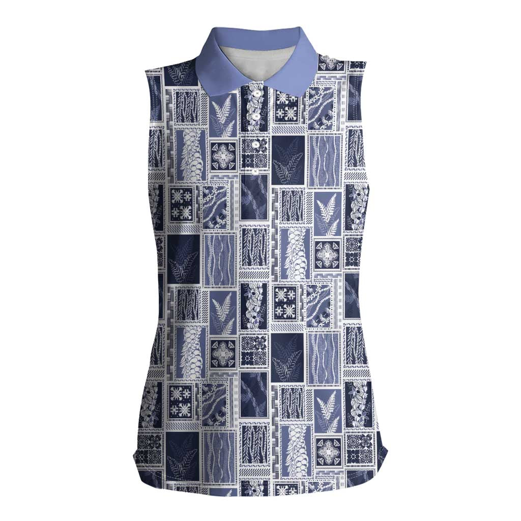 Vintage Aloha Block Quilt Women Sleeveless Polo Shirt Blue Inspired Lei Motifs LT9 Female Blue - Polynesian Pride