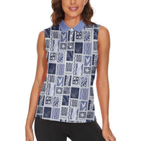Vintage Aloha Block Quilt Women Sleeveless Polo Shirt Blue Inspired Lei Motifs LT9 - Polynesian Pride