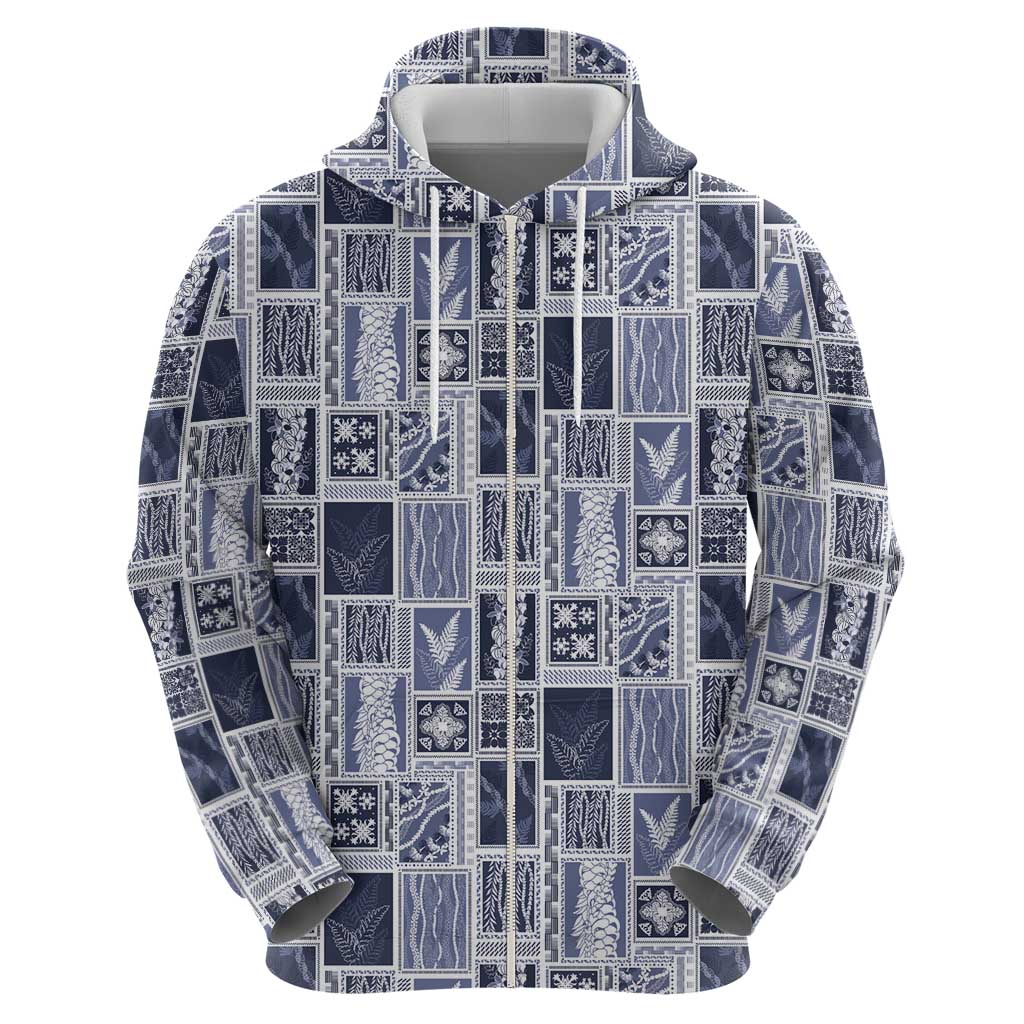 Vintage Aloha Block Quilt Zip Hoodie Blue Inspired Lei Motifs - Polynesian Pride
