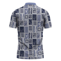Vintage Aloha Block Quilt Zipper Polo Shirt Blue Inspired Lei Motifs - Polynesian Pride