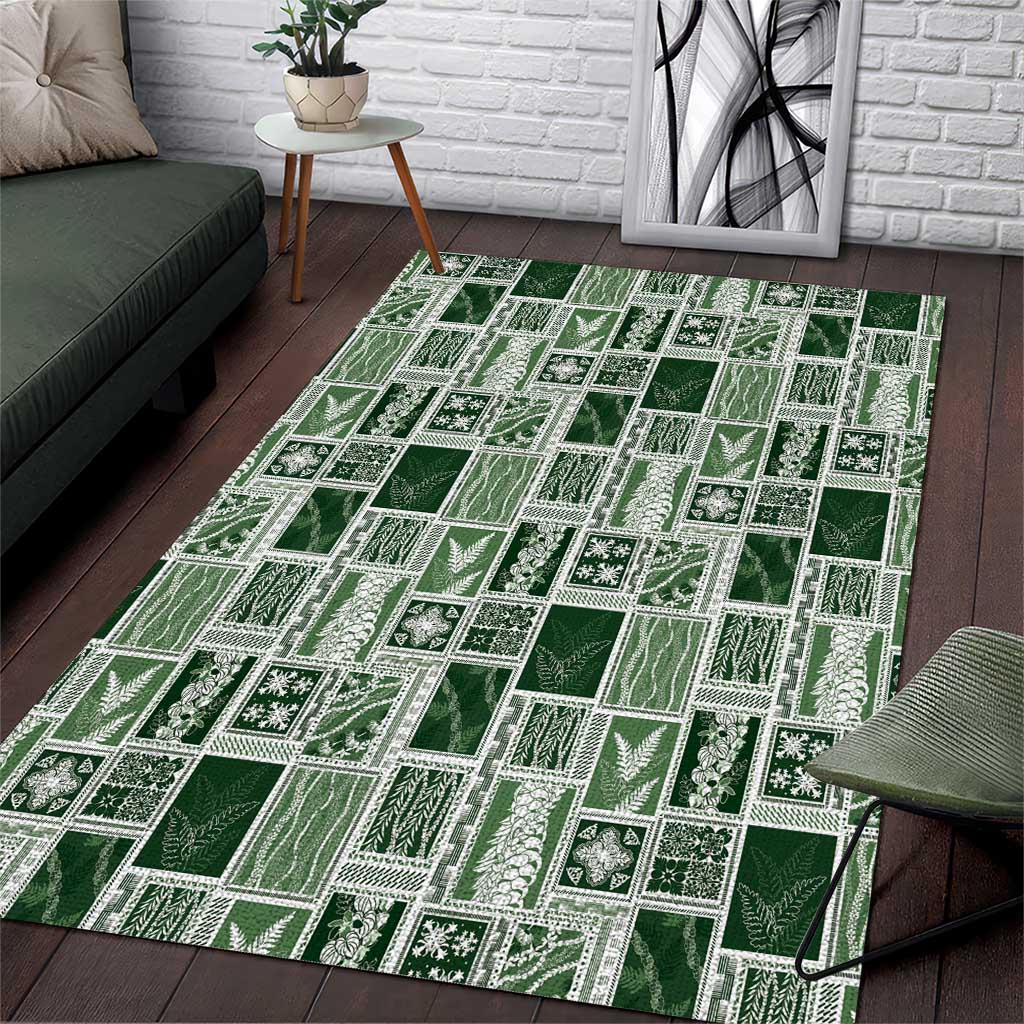 Vintage Aloha Block Quilt Area Rug Green Inspired Lei Motifs - Polynesian Pride