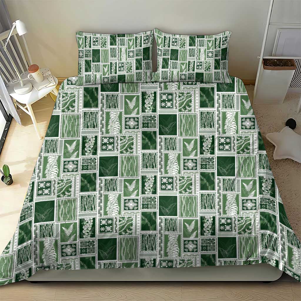 Vintage Aloha Block Quilt Bedding Set Green Inspired Lei Motifs - Polynesian Pride