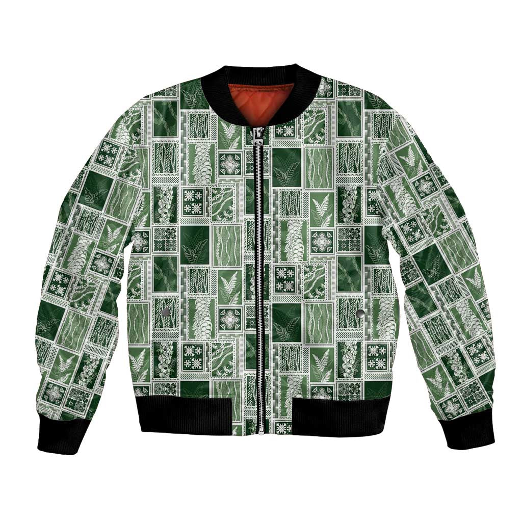 Vintage Aloha Block Quilt Bomber Jacket Green Inspired Lei Motifs LT9 Unisex Green - Polynesian Pride