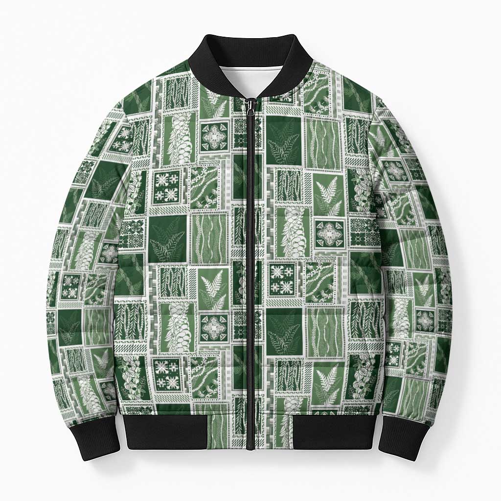 Vintage Aloha Block Quilt Bomber Puffer Jacket Green Inspired Lei Motifs LT9 Unisex Green - Polynesian Pride