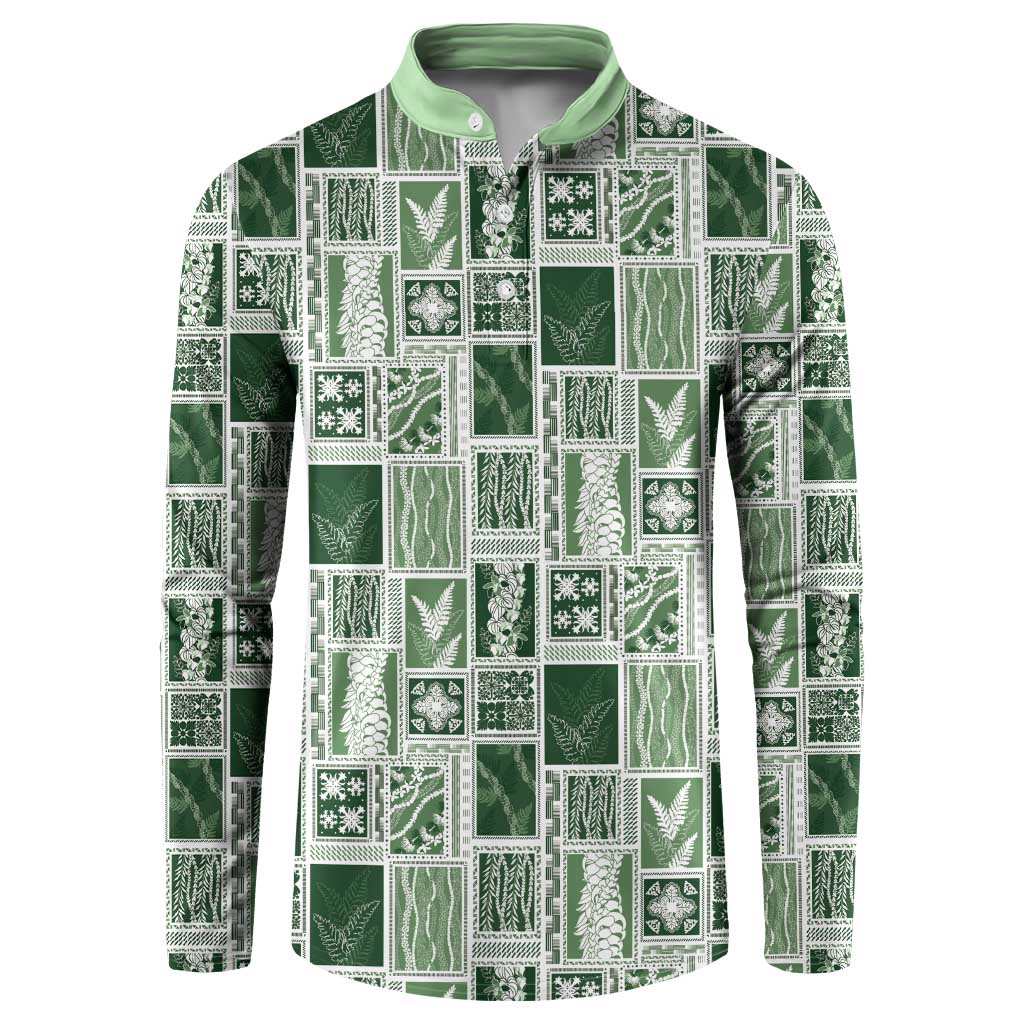 Vintage Aloha Block Quilt Button Sweatshirt Green Inspired Lei Motifs LT9 Green - Polynesian Pride