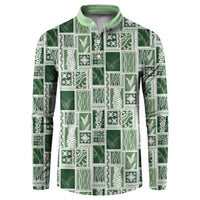 Vintage Aloha Block Quilt Button Sweatshirt Green Inspired Lei Motifs LT9 Green - Polynesian Pride