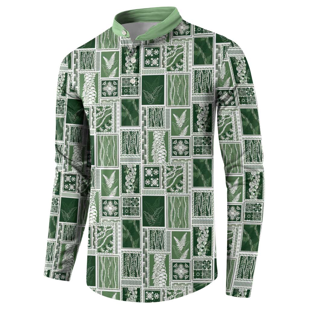 Vintage Aloha Block Quilt Button Sweatshirt Green Inspired Lei Motifs LT9 - Polynesian Pride