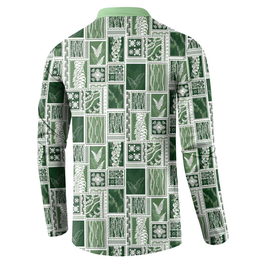 Vintage Aloha Block Quilt Button Sweatshirt Green Inspired Lei Motifs LT9 - Polynesian Pride
