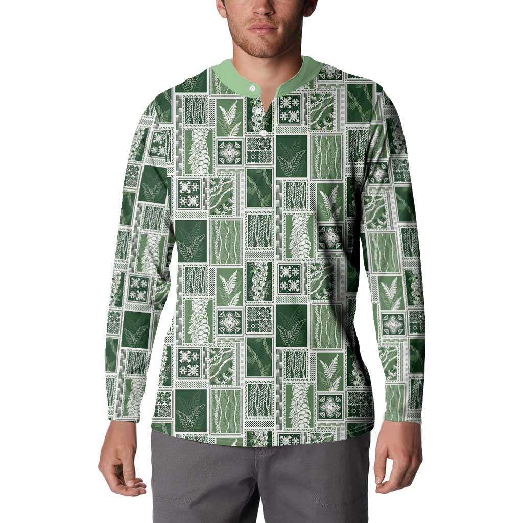 Vintage Aloha Block Quilt Button Sweatshirt Green Inspired Lei Motifs LT9 - Polynesian Pride