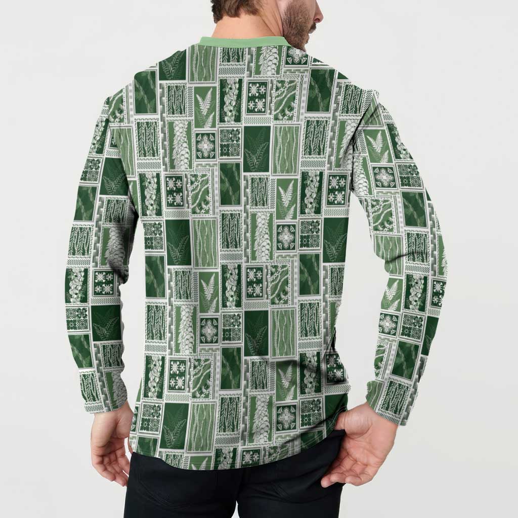 Vintage Aloha Block Quilt Button Sweatshirt Green Inspired Lei Motifs LT9 - Polynesian Pride