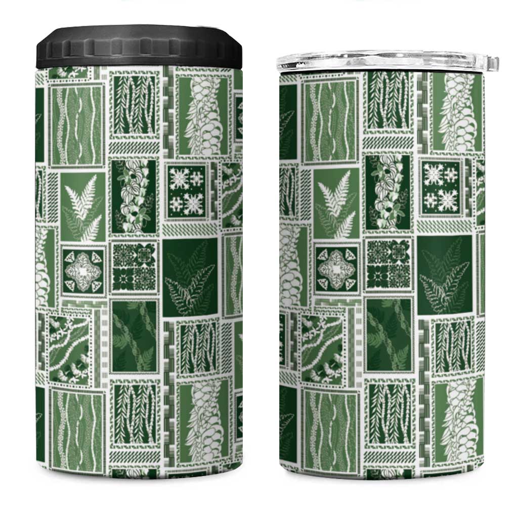 Vintage Aloha Block Quilt 4 in 1 Can Cooler Tumbler Green Inspired Lei Motifs - Polynesian Pride