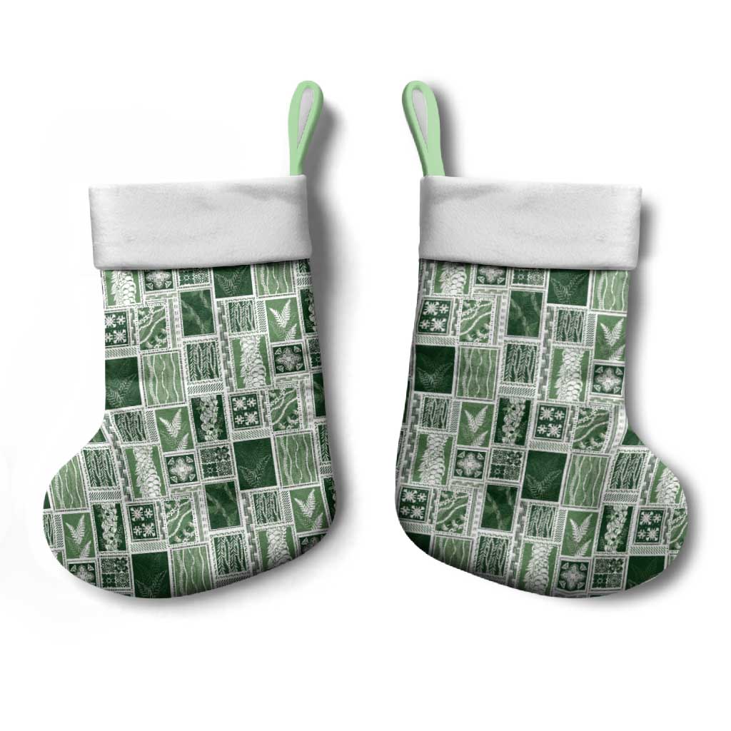 Vintage Aloha Block Quilt Christmas Stocking Green Inspired Lei Motifs - Polynesian Pride