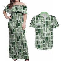 Vintage Aloha Block Quilt Couples Matching Off Shoulder Maxi Dress and Hawaiian Shirt Green Inspired Lei Motifs - Polynesian Pride