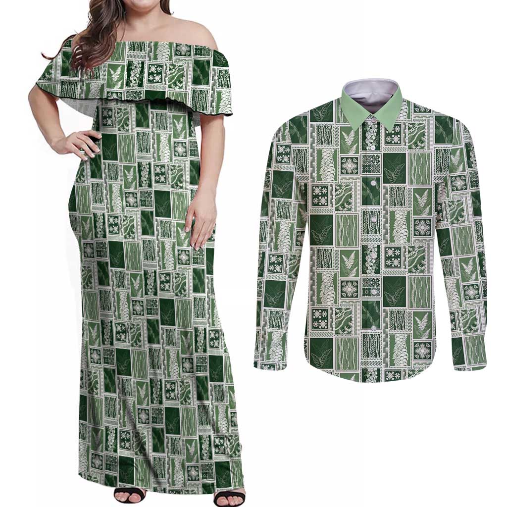 Vintage Aloha Block Quilt Couples Matching Off Shoulder Maxi Dress and Long Sleeve Button Shirt Green Inspired Lei Motifs LT9 Green - Polynesian Pride
