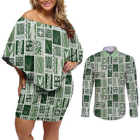 Vintage Aloha Block Quilt Couples Matching Off Shoulder Short Dress and Long Sleeve Button Shirt Green Inspired Lei Motifs LT9 Green - Polynesian Pride