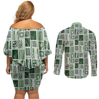 Vintage Aloha Block Quilt Couples Matching Off Shoulder Short Dress and Long Sleeve Button Shirt Green Inspired Lei Motifs LT9 - Polynesian Pride