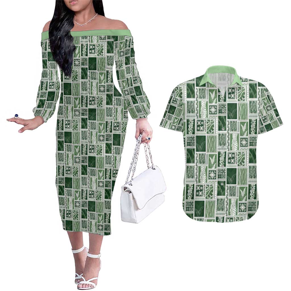 Vintage Aloha Block Quilt Couples Matching Off The Shoulder Long Sleeve Dress and Hawaiian Shirt Green Inspired Lei Motifs - Polynesian Pride