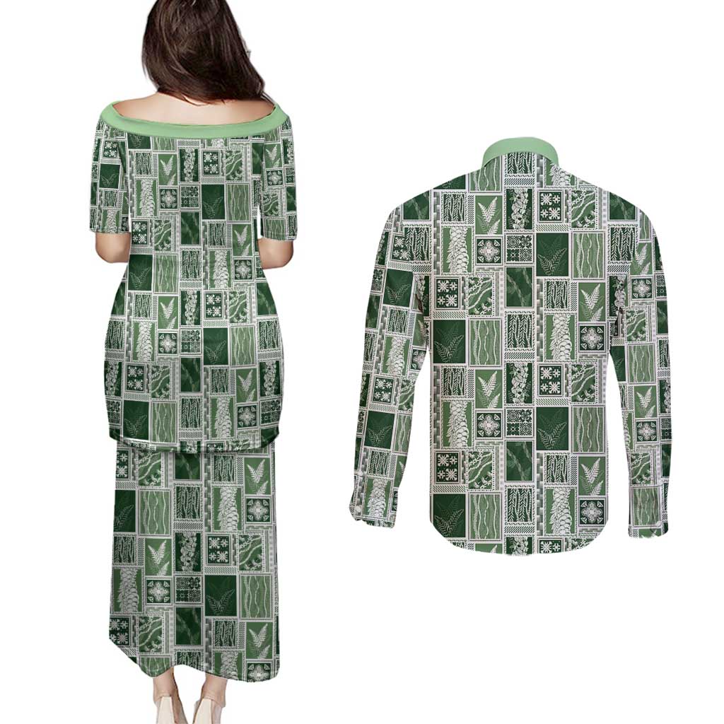 Vintage Aloha Block Quilt Couples Matching Puletasi and Long Sleeve Button Shirt Green Inspired Lei Motifs - Polynesian Pride