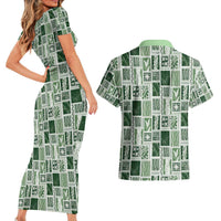 Vintage Aloha Block Quilt Couples Matching Short Sleeve Bodycon Dress and Hawaiian Shirt Green Inspired Lei Motifs - Polynesian Pride