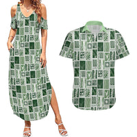 Vintage Aloha Block Quilt Couples Matching Summer Maxi Dress and Hawaiian Shirt Green Inspired Lei Motifs - Polynesian Pride