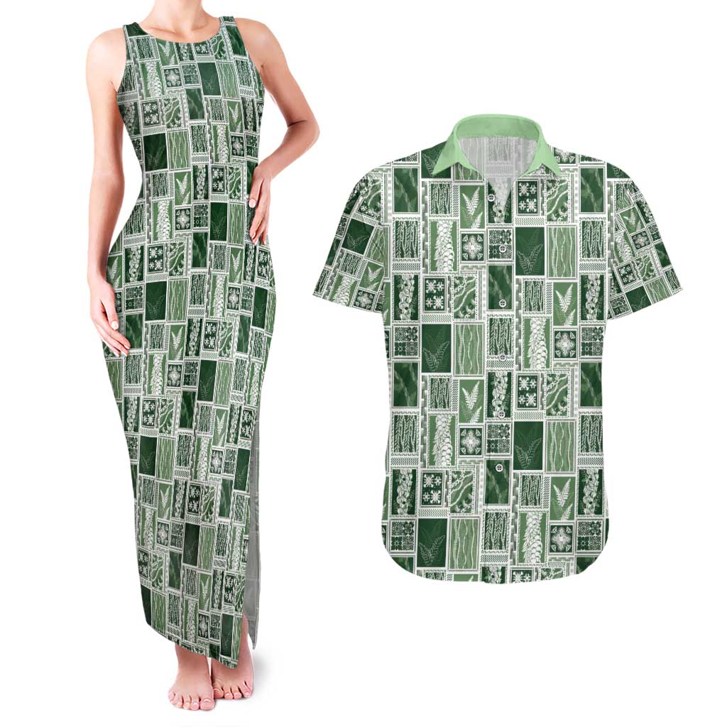 Vintage Aloha Block Quilt Couples Matching Tank Maxi Dress and Hawaiian Shirt Green Inspired Lei Motifs - Polynesian Pride