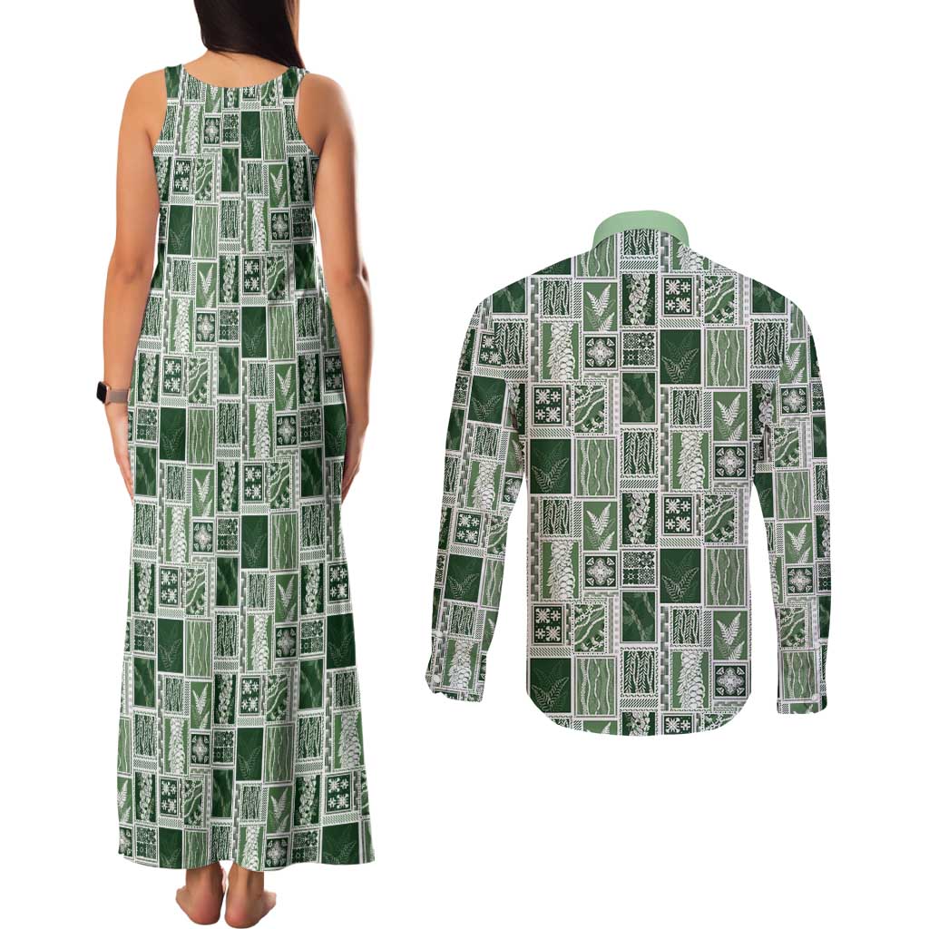 Vintage Aloha Block Quilt Couples Matching Tank Maxi Dress and Long Sleeve Button Shirt Green Inspired Lei Motifs LT9 - Polynesian Pride