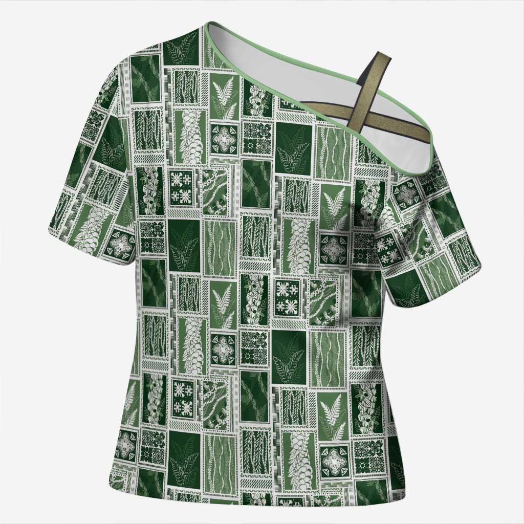 Vintage Aloha Block Quilt Cross Shoulder Shirt Green Inspired Lei Motifs LT9 Female Green - Polynesian Pride