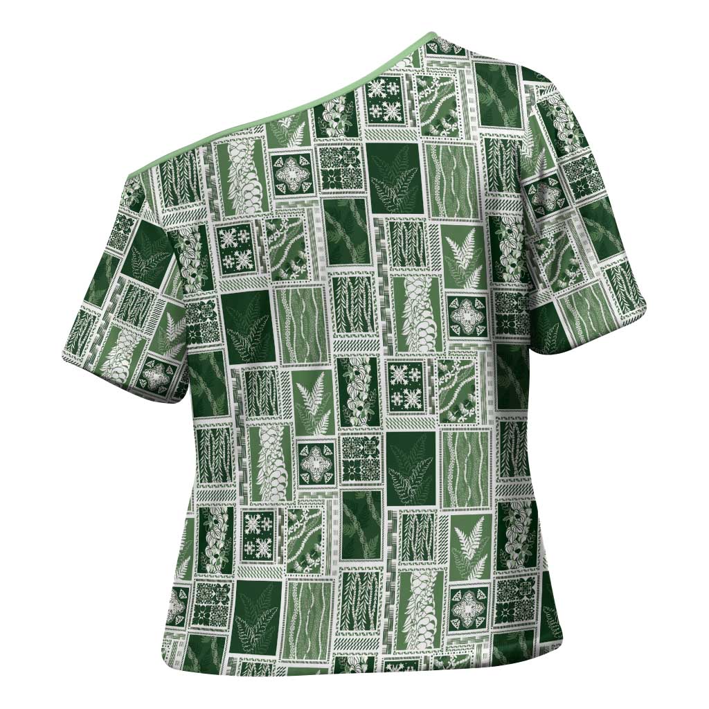 Vintage Aloha Block Quilt Cross Shoulder Shirt Green Inspired Lei Motifs - Polynesian Pride