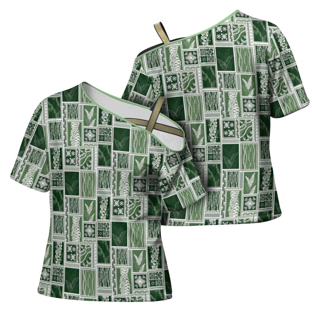 Vintage Aloha Block Quilt Cross Shoulder Shirt Green Inspired Lei Motifs - Polynesian Pride