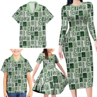 Vintage Aloha Block Quilt Family Matching Long Sleeve Bodycon Dress and Hawaiian Shirt Green Inspired Lei Motifs - Polynesian Pride
